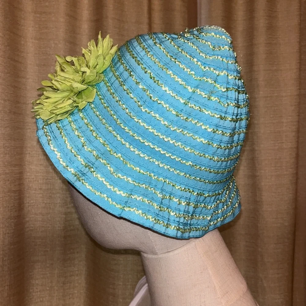Toddler Hat Aqua with Lime Stripe Accent and Flower